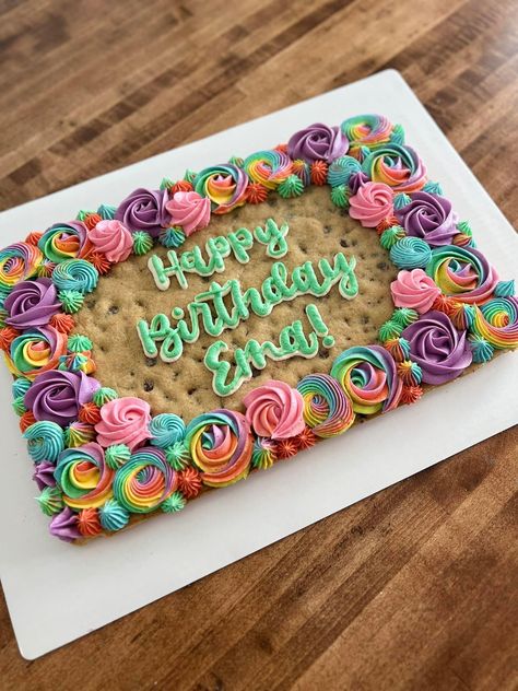 Decorating Cookie Cakes, Cookie Cake Frosting Designs, Girly Cookie Cake, Cookie Cake Letter, Square Cookie Cake Decorating Ideas, Rectangle Cookie Cake, Cookie Cakes Birthday Designs, Happy Birthday Cookie Cake Designs, Decorated Cookie Cake Birthday