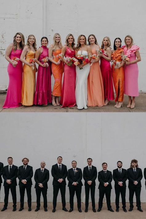 Orange And Pink Themed Dallas Wedding | Modern Wedding Photography | Earth To Madison Photography | This amazing Dallas couple had a orange themed wedding at the Hickory Street Annex. Get inspired by orange theme wedding decoration, orange theme wedding dress, and orange theme wedding ideas. Are you looking for a Dallas wedding photographer who loves colors? Book Madison now at earthtomadisonphotography.com Pink And Orange Wedding Aesthetic, Wedding Party Sunset Colors, Pink And Orange Spring Wedding, Black Pink And Orange Wedding, Orange Pink And Red Wedding, Bright Bridal Party, Summer Sunset Wedding Theme, Sunset Themed Wedding Invitation, Fuschia Orange Wedding