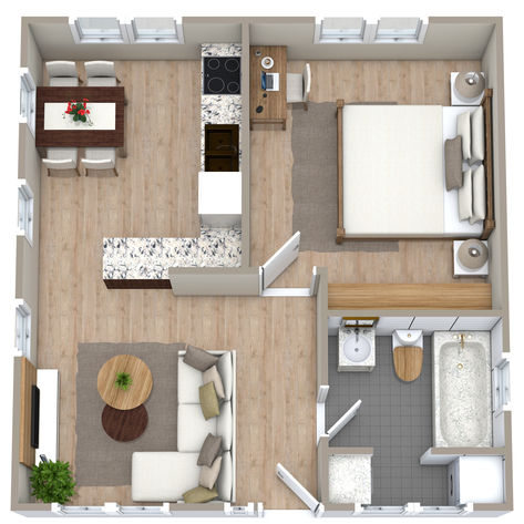 A beige 3D floor plan of a square home with one bedroom, and one bathroom with a bathtub. Small House Layout 1 Bedroom, 1bedroom House Plans, Laundry Alcove, 1 Bedroom Apartment Floor Plan, Small House Floor Plan, Small House Design Philippines, One Bedroom House Plans, One Bedroom House, Long Living Room