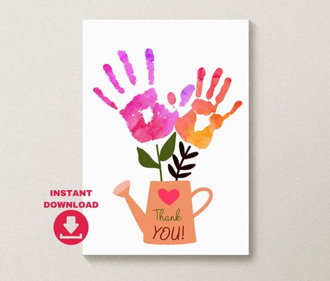 Handprint Art Thank You, Thank You Handprint Cards, Thank You Card From Toddler, Toddler Thank You Cards, Thank You Crafts For Kids To Make, Teacher Thank You Cards Diy, Homemade Thank You Cards From Kids, Thank You Handprint Art, Handprint Thank You Card