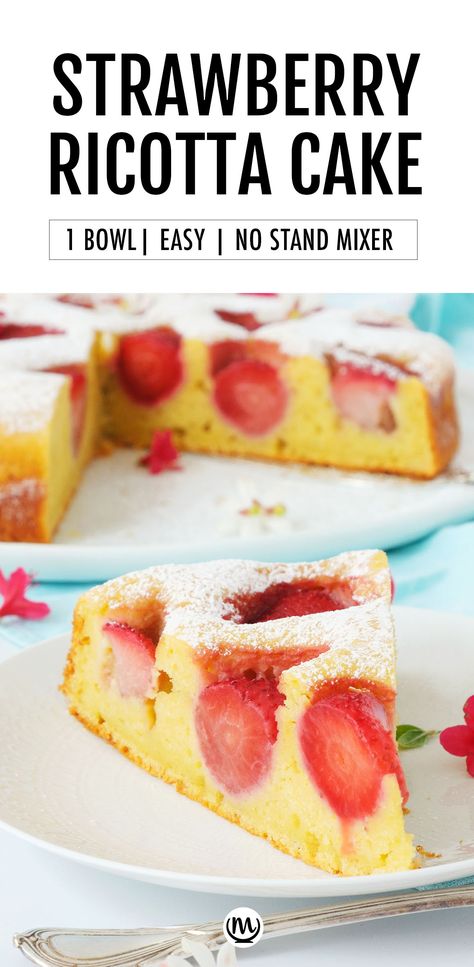 A slice of strawberry ricotta cake on a white plate. Strawberry Ricotta Cake, Ricotta Recipes Dessert, Strawberry Ricotta, Lemon Ricotta Cheesecake, Strawberry Roll Cake, Lemon Ricotta Cake, Baked Ricotta, Ricotta Recipes, Ricotta Cake