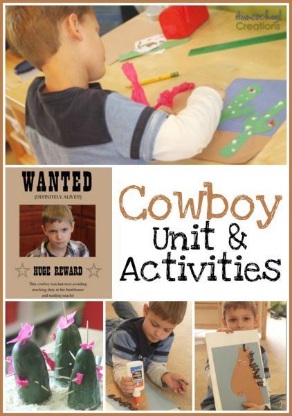 cowboy theme unit and activities for preschool and kindergarten from Homeschool Creations Western Theme For Preschool, Texas Rodeo Crafts Preschool, Preschool Western Activities, Wild West Lesson Plans Preschool, Cowboys Preschool Activities, Western Crafts For Preschoolers, Wild West Prek Activities, Rodeo Lesson Plans Preschool, Preschool Cowboy Activities