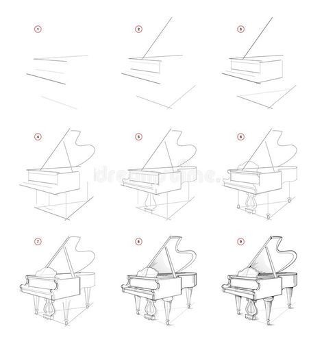 Piano Art Reference, Piano Illustration Drawings, Grand Piano Painting, Drawing A Piano, Piano Drawing Pencil, How To Draw A Piano Step By Step, How To Draw A Piano, How To Draw Piano, Piano Sketch Draw