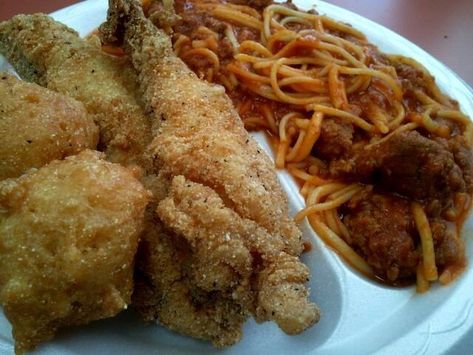 Is Fried Fish and Spaghetti Soul Food’s Most Debatable Dish? | by Adrian Miller | Heated Fish And Spaghetti, Fundraiser Food, Okra And Tomatoes, Oxford Ms, Spaghetti Dinner, Food Fish, End Of Story, Shrimp And Grits, Like Chicken