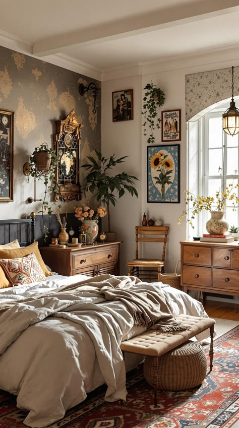 Boho Bedroom Apartment Bedroom Aesthetic Vintage Retro, Vintage Couple Bedroom Ideas, Master Bedrooms With Mixed Furniture, Boho Furniture Bedroom, Shabby Chic Boho Bedroom, Modern Vintage Minimalist Decor, Vintage Chic Bedroom Ideas, Boho Whimsical Decor, Contemporary Vintage Bedroom