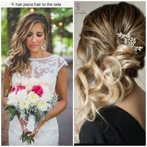 Wedding Hairstyles With Side Clip, Wedding Hair Down To One Side Curls, Hair Side Dos Formal, Curled Hair To The Side Wedding, Hair Pulled To The Side Wedding, Side Style Updo, Pinned To The Side Hairstyles, Wedding Hair To The Side With Veil, Wedding Hair Side Swept With Veil