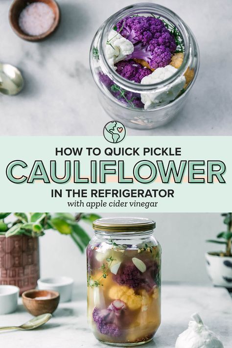 Want to learn how to quickly pickle cauliflower in the refrigerator with apple cider vinegar? Check out this easy pickled cauliflower recipe that's ready in 2 hours. Refrigerator Pickled Cauliflower Recipe, Quick Pickled Cauliflower, Pickled Cauliflower Recipe, Pickle Party, Easy Pickling Recipes, Pickled Cauliflower, Fast 800, Home Remedies For Pimples, Canned Fruits