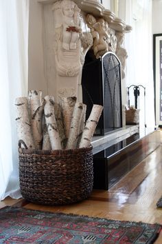 white birch fireplace ideas - cozy fall decor : Birch Tree Decor, Log Decor, Fall Fireplace Decor, Fall Fireplace, Birch Logs, Christmas House Lights, Birch Branches, Tree House Designs, House Outdoor