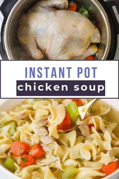 This Instant Pot chicken noodle soup, made with a whole chicken, has a rich and flavorful broth, juicy meat, and healthy vegetables. Learn how to make this comforting bowl of chicken soup that tastes like it’s been simmering on the stovetop for hours! Get this easy Instant Pot recipe on www.apeachyplate.com Whole Chicken Soup, Instant Pot Chicken Soup, Pot Recipes Healthy, Homemade Soup Recipe, Instant Pot Soup Recipes, Best Instant Pot Recipe, Healthy Instant Pot Recipes, Instant Pot Soup, Instant Pot Dinner Recipes