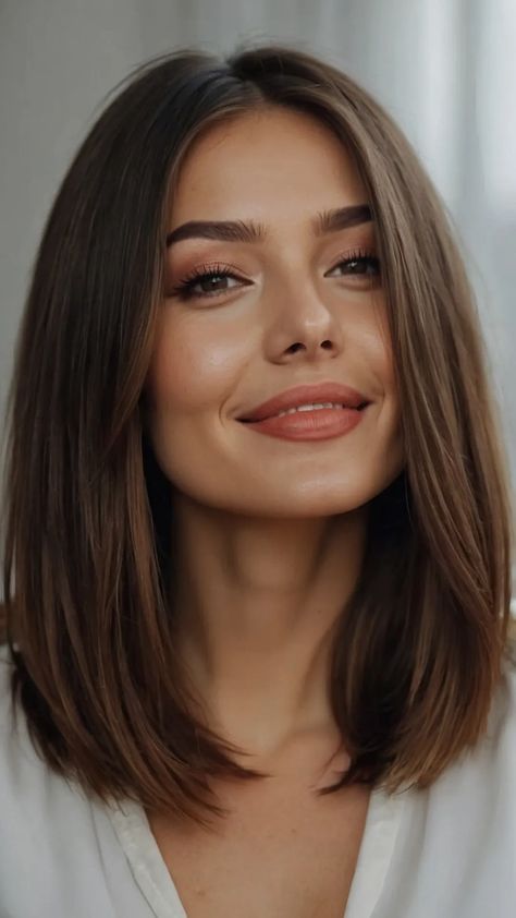 Fashion Meets Function: 15 Mid-Length Bob Haircuts You’ll Love** ** - Inspire Inlet No Layer Bob, What Hair Length Suits My Face, Shoulder Length Hairstyles For Straight Hair, Long Bob Brunette Balayage, Old Money Shoulder Length Hair, Long Bob Straight Hair Shoulder Length, Long Straight Bob Hairstyles, Haircut Mid Length Layered, A Frame Haircut Medium