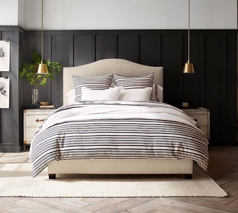 Raleigh Upholstered Curved Headboard | Pottery Barn Tall Bed, Upholstered Storage Bed, Storage Platform Bed, Storage Platform, Tall Headboard, Curved Headboard, Low Bed, King Headboard, Upholstered Storage