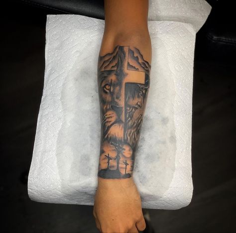 God Forarm Tattoos, Half Sleeve Ideas Men, Tatoos Men Fore Arm, Godly Tattoos Men, Black Male Tattoos Forearm, Men’s Tattoos Forearm, Small Tattoos For Men Forearm, Side Calf Tattoo Men, God Arm Tattoo