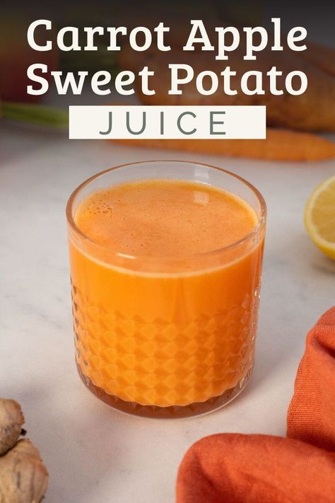 Juice cleansing is a great way to give your body a break from processed foods and to help detoxify. This recipe is delicious, nutritious, and easy to make. Sweet potatoes have excellent skin-glowing properties and yields a deliciously silky juice paired with carrots, apples, ginger, and lemon. Potato Juice Benefits, Post Workout Smoothie Recipes, Sweet Potato Juice, Apple Sweet Potato, Quick Vegan Dinner Recipes, Chia Puddings, Raw Sweet Potato, Vinegar Benefits, Pumpkin Pie Spice Mix