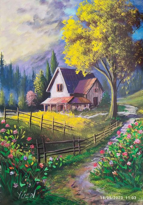 Landscape House Painting, Art Landscape Ideas, Beautiful Landscapes Paintings Acrylics, Acrylic Landscape Paintings Easy, Simple Scenery Painting, Scenery Painting Easy, Farm Landscape Painting, Mini Canvas Painting Ideas, Canvas Painting Tutorial