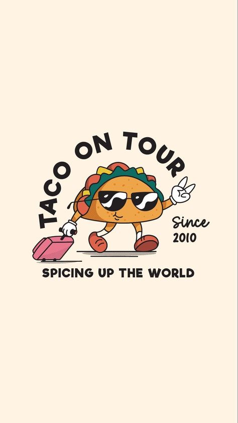 Logo design for TACO ON TOUR | Mascot character design | Mascot logo | Primary logo  Feeling the retro vibe? 😎 Loving this design? 😍 Want more? Head over to the link above now! Don't miss out! 🚀#RetroMascot #RetroMascotLogo Time For Tacos Poster, Taco Character Design, Taco Logo Ideas, Taco Restaurant Logo, Taco Shop Logo, Taco Aesthetic Wallpaper, Merch Logo Ideas, Food Truck Logo Ideas, Cute Taco Drawing