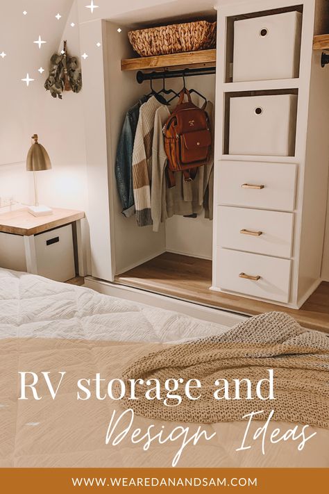 Captivate your RV space! here are a few RV bedroom closet ideas to inspire your next camper flip and to help you maximize you storage with ideas from this RV reno before and after video! use these RV design ideas for your next RV renovation and don't forget to follow along for all things tiny home living and RV life! Rv Bedroom Cabinets, Rv Closet Renovation, Rv Closet Bed, Trailer Closet Ideas, Camper Entryway Ideas, Trailer Closet Remodel, Rv Sliding Door Remodel, Camper Closet Remodel, Rv Loft Storage Ideas