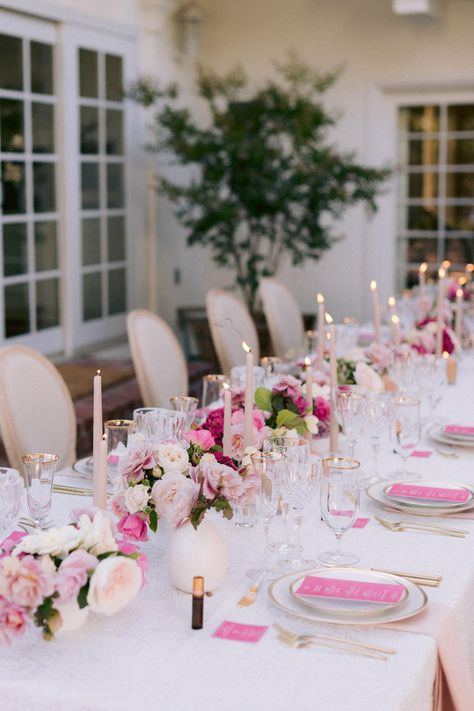 Pink Tablecloth Wedding, Pink Bridal Shower Theme, Pink Table Settings, Pink Tablescape, House In California, Pink Party Theme, Pink Tablecloth, Bridal Shower Inspo, Hot Pink Weddings