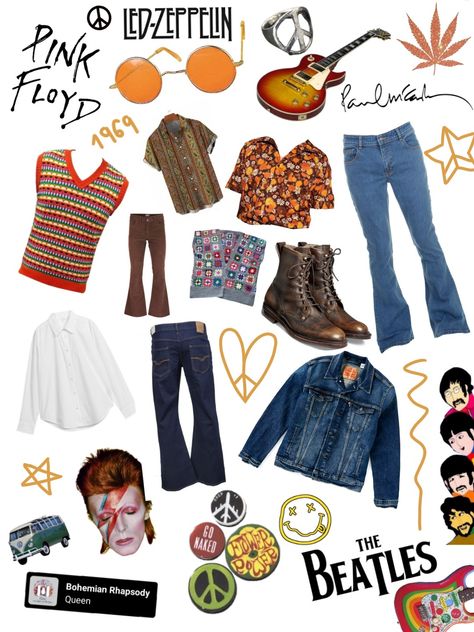 This is a photo with some hippie outfits and pictures of band logos such as the beatles, queen, pink floyd etc. it also contains some hippy stickers such as peace pins, guitars, etc. 60s Aesthetic Clothes, David Bowie Aesthetic Clothes, 1969 Aesthetic, Hippie Outfits 60s, Led Zeppelin Outfit, 60s Aesthetic Outfit, Pink Floyd Outfit, Beatles Outfit, Hippie Style 70s