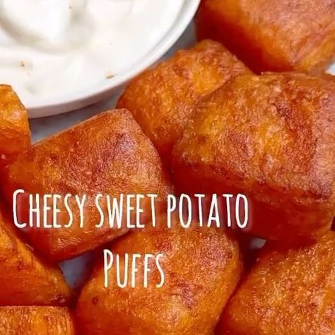 Organically 🍏 on Instagram: "Cheesy sweet potato puffs 🍠 by @truffleandegg . This 3-ingredient cheesy puffs are the perfect dinner snack or side dish ! The tapioca starch gives them a chewy and stretchy texture while the cheese adds great flavour 🔥 . You can find the whole recipe by clicking the link in my BIO or typing truffleandegg.com in your browser 😇 . #easymeals #recetasfaciles #instachef #homemade #sweetpotato #healthyrecipes #healthymeals #easydinnerideas #thefeedfeed #crispy #receta #cheese #snackideas #easyrecipeideas #cheeselover #glutenfreerecipe #mozzarella #recipereel #viralrecipes #cheesy" Sweet Potato Puffs, Cheesy Sweet Potato, Sweet Potato Vegan, Potato Puffs, Mozzarella Recipes, Vegan Mozzarella, Tapioca Starch, Southern Dishes, Vegan Sweet Potato