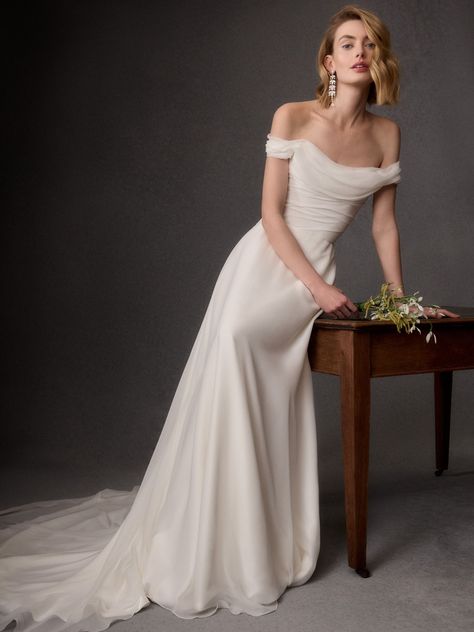 Wedding Chic Dress, Satin Wedding Dress With Removable Train, Off Shoulder Wedding Dress With Pearls, Interesting Wedding Dress, Creamy Wedding Dress, Silk Classic Wedding Dress, Off The Shoulder Chiffon Wedding Dress, Classic Ethereal Wedding Dress, Simple Off Shoulder Wedding Dress Classy