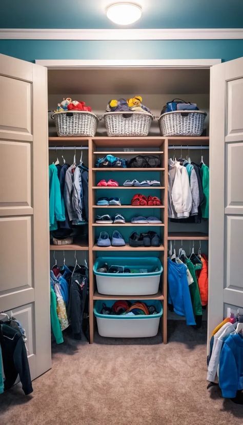 shared closet ideas for siblings Brother Room Ideas, Shared Room Organization, Kids Shared Closet Organization, 4 Kids In One Room, Mixed Siblings, Kids Shared Closet, Shared Bedroom Ideas, Bedroom Solutions, Sibling Room