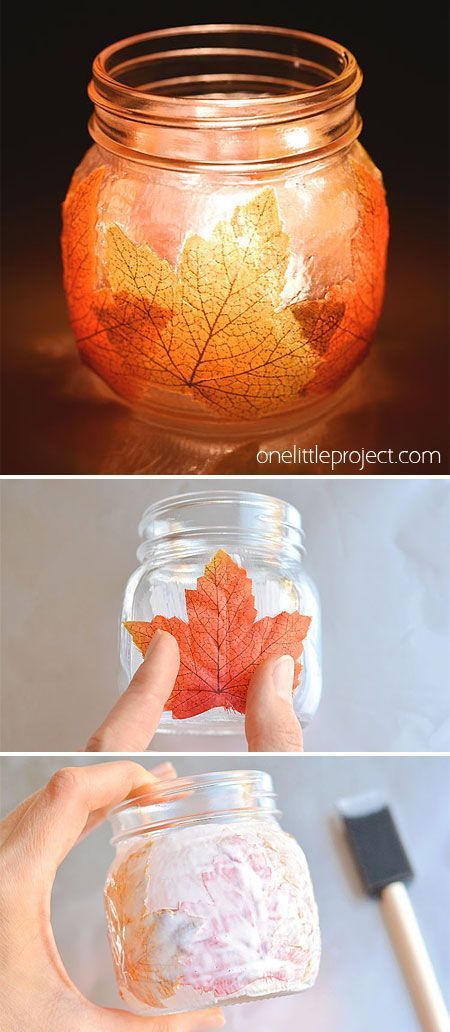 Jam Jar Crafts, Easy Mason Jar Crafts Diy, Leaf Mason Jar Candle, Décoration Table Halloween, Fall Mason Jar Crafts, Easy Mason Jar Crafts, Leaf Lantern, Table Halloween, Mason Jar Candle Holders