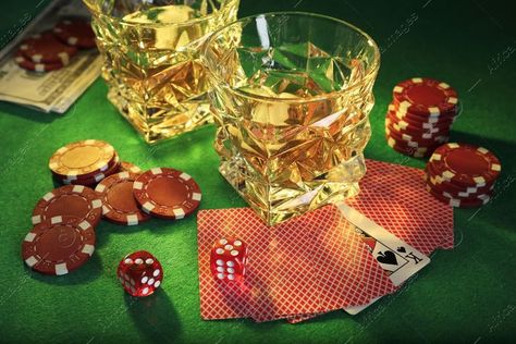 Casino chips, dice, playing cards and glasses of whiskey on green table Silly Rabbit, Casino Table, White Trash, Green Table, Casino Chips, Lucky Clover, Green Aesthetic, Mood Boards, Dumb And Dumber