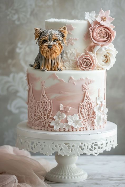 Chic Yorkshire Terrier Cake Design for a Posh Pup Party Edible Centerpiece Ideas, Dog Birthday Wishes, Edible Centerpieces, Wedding Pastel, Two Tier Cake, Dog Birthday Cake, Animal Cakes, Dog Cakes, Dog Cake