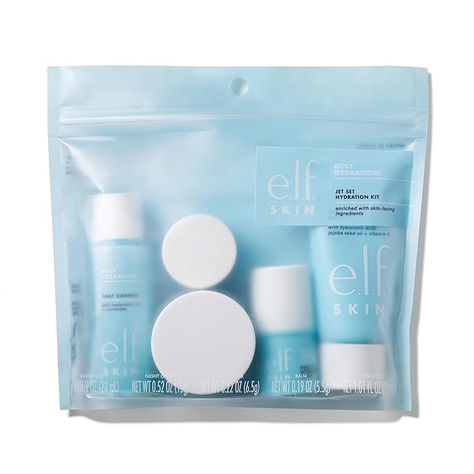 SKINCARE ON THE GO: The e.l.f. Jet Set Hydration Kit contains all of your skincare favourites in a TSA-ready travel-sized kit. The kit includes a Cleanser (30ml), Hydrating Balm (6g), Moisturizer (25ml), Eye Cream (7g) and Night Cream (15g). Hydrating Skincare, Skincare Set, Skin Care Essentials, Night Cream, Face Cleanser, Night Creams, Makeup Skin Care, Eye Cream, Street Styles