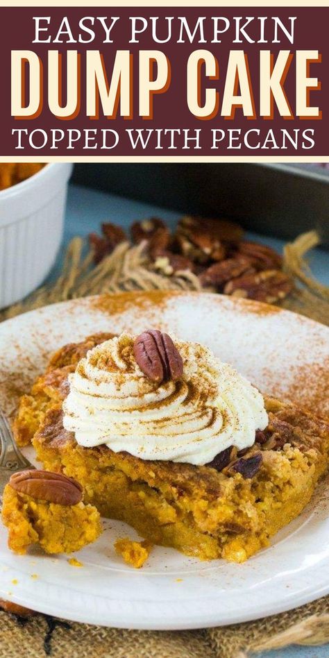 The BEST EVER Pumpkin Dump Cake for Fall! Easy Pumpkin Dump Cake Recipe, Easy Pumpkin Dump Cake, New Desserts, Pumpkin Dump Cake Recipe, Spice Cake Mix And Pumpkin, Pumpkin Dump, Dump Cake Recipe, Dump Cake Pumpkin, Yummy Fall Recipes