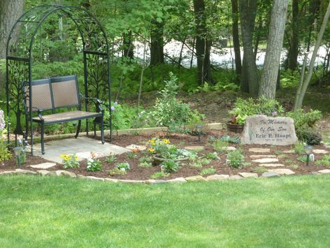 Our memorial garden for our son, featuring a custom made stone. Small Memorial Garden Ideas, Memorial Garden Ideas, Memory Garden, Memorial Gardens, Romantic Backyard, Pet Memorial Garden, Church Anniversary, Prayer Garden, Memorial Ideas