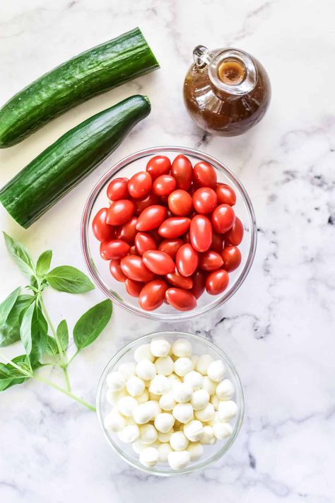 Switch up your caprese salad with the addition of cucumbers! This Cucumber Caprese Salad is light, flavorful, and perfect for summer. One of our favorite ways to use all those fresh garden veggies! Tomatoes Cucumber Salad, Cucumber Caprese Salad, Cucumber Recipes Healthy, Avocado Nutrition, Lemon Tree Dwelling, Mozzarella Pearls, Caprese Salad Recipe, Mediterranean Meals, Green Salad Recipes