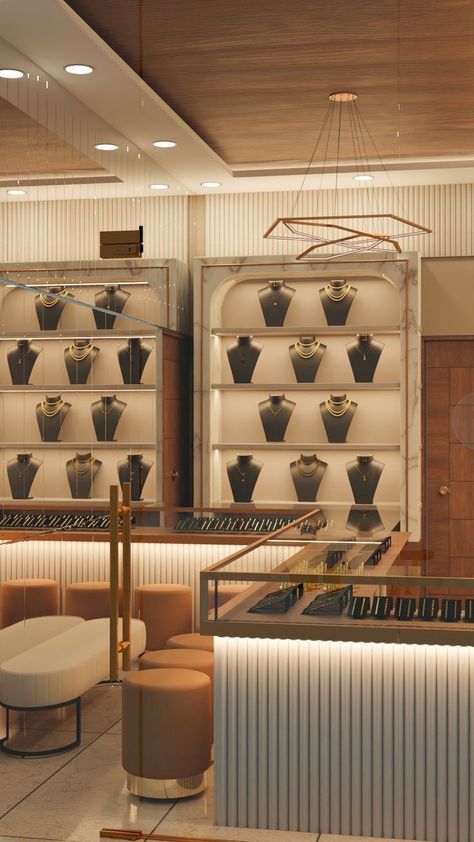 High End Jewelry Store Interior, Counter Design Jewellery Shop, Gold Store Interior Design, Jewellery Store Design Interior, High End Jewelry Store, Jawelari Shop Design, Gold Jewelry Display, Jewelry Retail Design, Jewellery Shop Design Indian