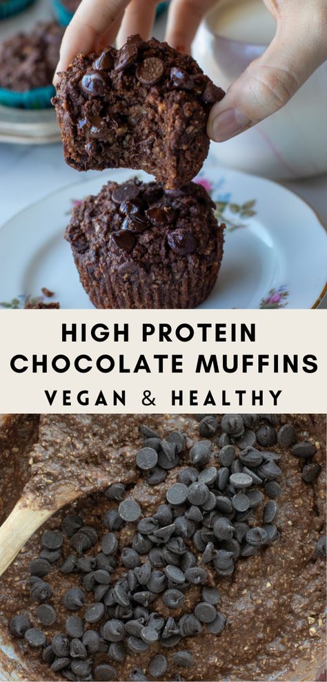 These vegan chocolate protein muffins are perfect for meal prep. Each muffin is refined sugar free, gluten free, and has 8 grams of protein. Vegan Protein Muffins, Protein Powder Muffins, High Protein Muffins, Chocolate Protein Muffins, Healthy Peanut Butter Cups, Vegan Muffins, Protein Muffins, Vegan Protein Powder, High Protein Vegan