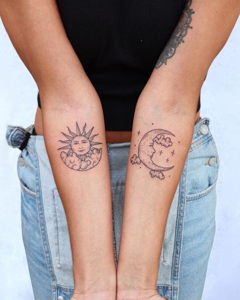 25+ Tiny Tattoos That Are Wonderful Despite Their Size Separate Sun And Moon Tattoos, Sum And Moon Tattoo Matching, Sun And Moon Tattoos Seperate, Sun And Moon Shin Tattoo, Best Friend Tattoos Sun And Moon, Moon And Sun Tattoo Best Friend, Moon And Sun Matching Tattoos, Sun And Moon Matching Tattoos, Matching Sun And Moon Tattoo