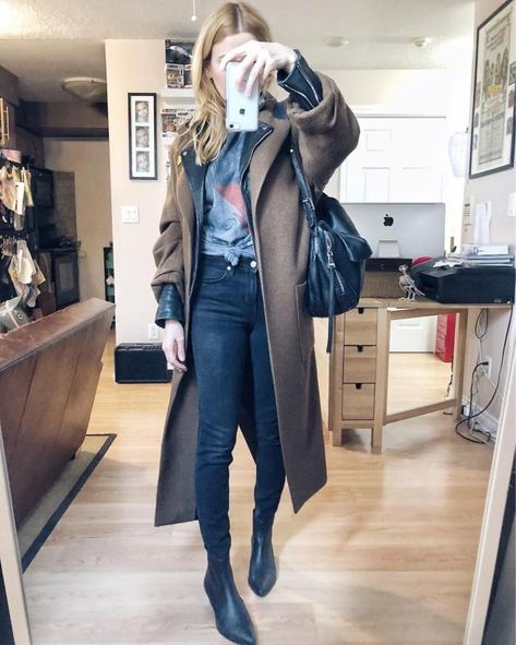 What I Wore. I am wearing a grey Bowie t-shirt, black skinny jeans, booties, a leather moto, and a long wool coat. Vans Slip Ons, Closet Art, Transitional Dressing, Capsule Wardrobe Work, Booties Outfit, Mum Fashion, Hipster Outfits, Budget Fashion, Black Trousers