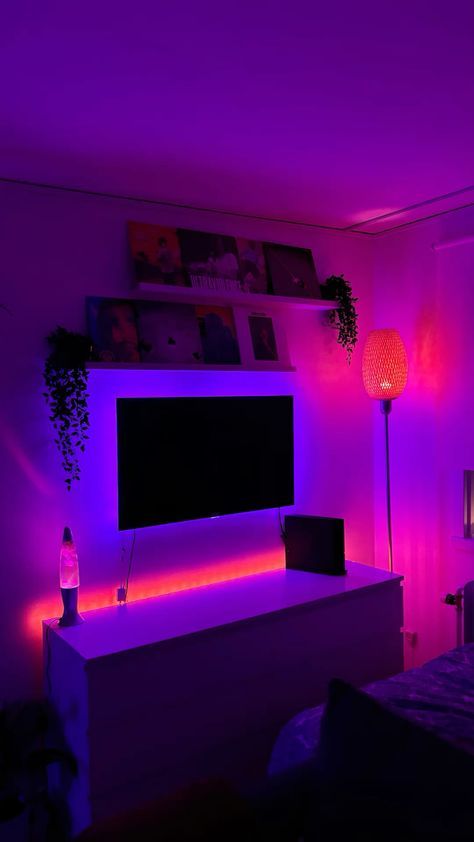 Dark Room Vibes, Room Ideas Purple Aesthetic, Apartment Ambient Lighting, Frank Ocean Bedroom, Tv In Room Aesthetic, Lava Lamp Aesthetic Room, Tv In Room Bedroom, Room Inspo Led Lights, Led Room Ideas