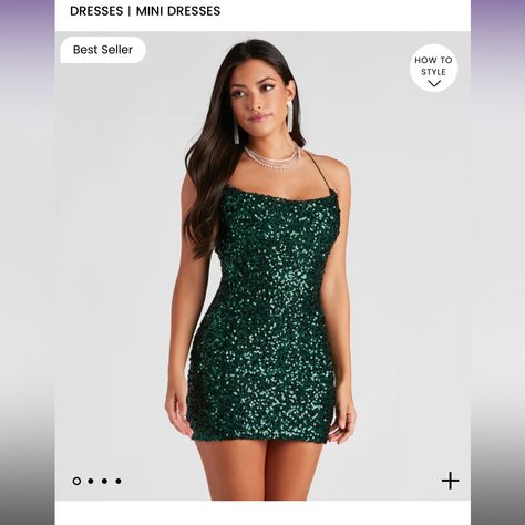 -Never Worn - So Cute - Usually A Medium But This Fit Me - Really Flattering - Smoke Free Pet Free Home Dark Green Sequin Dress Short, Green Hoco Dress, Cute Formal Dresses, Sequin Dress Short, Cute Homecoming Dresses, Dress Tight, Sequin Bodycon Dress, Cowl Neck Dress, Backless Mini Dress