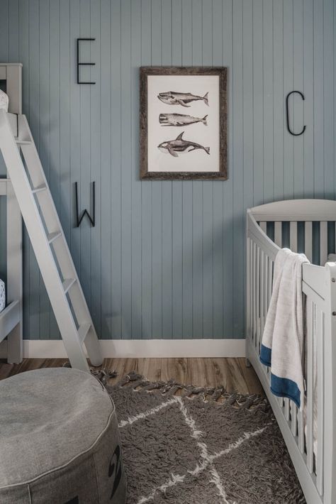 Skinny vertical shiplap wall for a boys shared bedroom Diy Vertical Shiplap Wall, Diy Vertical Shiplap, Cake Makeover, Celery Snacks, Vertical Shiplap Wall, Entry Makeover, Wooden Handrail, Blue Boys Bedroom, Boys Room Blue