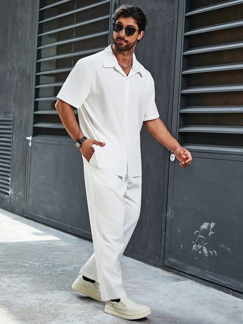 White Casual Collar Short Sleeve  Plain  Embellished Non-Stretch  Men Plus Size Clothing All White Outfit Men, All White Mens Outfit, White Outfit Men, White Cocktails, All White Outfit, Boat Party, Men Plus Size, White Outfit, White Party