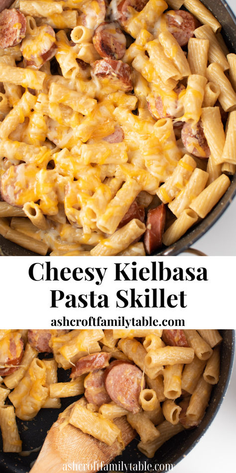 Cheesy kielbasa pasta in a skillet. Cheesy Kielbasa Pasta, Cheesy Kielbasa, Rigatoni Noodles, Kielbasa Pasta, Quick Cheap Dinners, Pasta Skillet, Smoked Sausage Recipes, Kielbasa Recipes, Easy Cheap Dinners