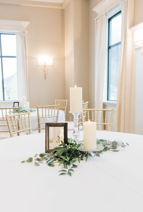 Lds Chapel Wedding Receptions, Lds Wedding Reception, Centerpiece Eucalyptus, Wedding Decor Greenery, Greenery And White Wedding, Lds Weddings Reception, Christ Centered Wedding, Wedding Centerpeices, Payson Temple