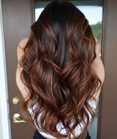 Auburn Highlights for Dark Brown Hair Red Highlights In Brown Hair, Brown Auburn Hair, Balayage Hair Copper, Highlights For Dark Brown Hair, Black Hair Balayage, Red Brown Hair, Black Hair With Highlights, Balayage Hair Dark, Dark Hair With Highlights