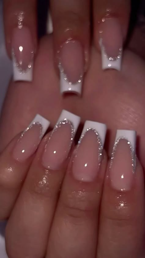 French Tip Acrylic Nails, Girly Acrylic Nails, Basic Nails, Sparkly Nails, Pink Acrylic Nails, Homecoming Nails, Square Acrylic Nails, Birthday Nails, Prom Nails