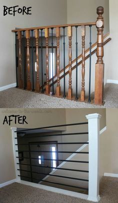 Trap Makeover, Stairs Makeover Design, Stair Railing Makeover, Diy Stairs Makeover, Diy Stair Railing, Stairs Makeover Ideas, Metal Stair Railing, Stairs Renovation, Stair Makeover