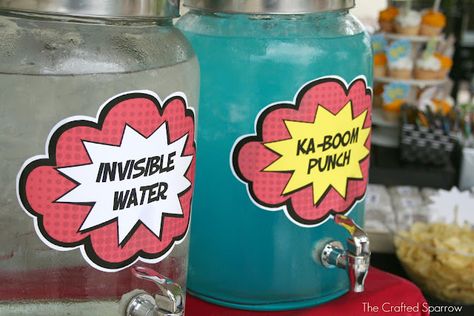 Super Hero Birthday Party drinks  Comic Book Super Heroes Party  For more party ideas visit: www.fireblossomcandle.com Festa Power Rangers, Superman Party, Superhero Teacher, Birthday Party Drinks, Wonder Woman Party, Superhero Baby Shower, Wonder Woman Birthday, Superman Birthday, Baby Superhero