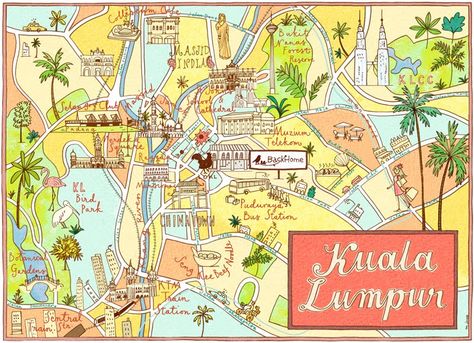 Mariko Jesse - Kuala Lumpur map Kuala Lumpur Map, Malaysia Tourism, Travel Book Design, Travel Art Journal, Tourist Map, Doodle Icon, City Illustration, Found Art, Illustrated Map