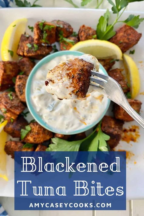 Blackened Tuna Bites, Tuna Bites Recipe, Pickle Sauce, Fresh Tuna Recipes, Blackened Tuna, Tuna Appetizer, Tuna Bites, Ahi Tuna Recipe, Tuna Steak Recipes