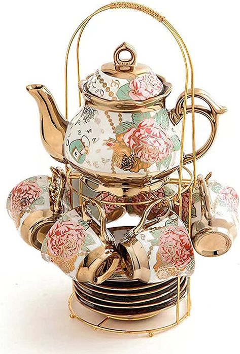 CHANJOON Gold Plated Red Rose Ceramic Tea Set, Vintage Tea Set with Teapot, Beautiful Tea Set Coffee Serving 6 People (Gilded Rose) China Teapot, Coffee Serving, Ceramic Tea Set, Estilo Real, Porcelain Tea Set, Tea Sets Vintage, Coffee Cup Set, Teapots And Cups, Rose Rouge