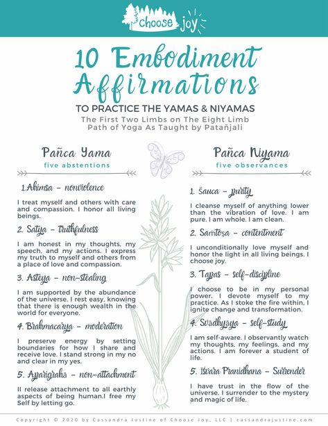 10 Embodiment Affirmations to Practice the Yamas & Niyamas Yamas Niyamas, Ancient Text, Yamas And Niyamas, 8 Limbs Of Yoga, Yoga Teacher Resources, Yoga Themes, Yoga Sutras, Yoga Philosophy, Mala Meditation